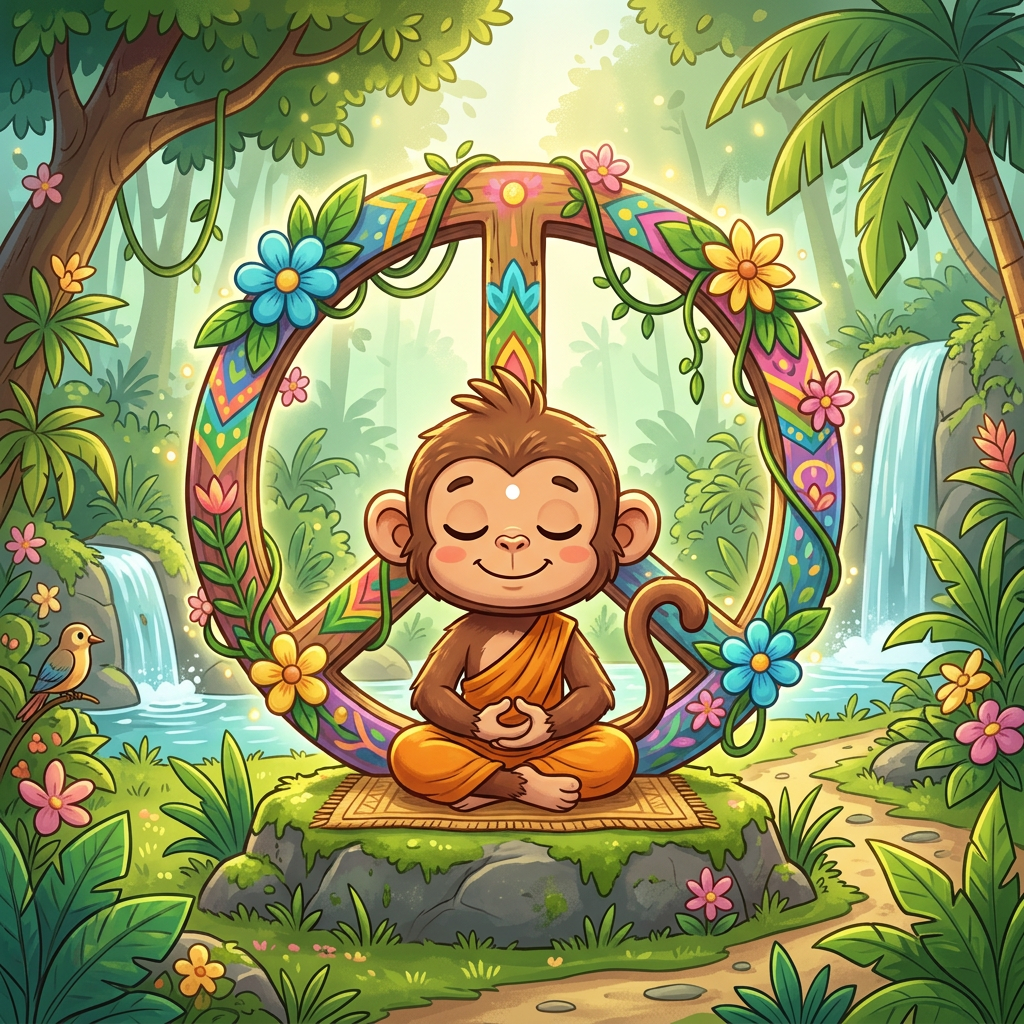 Cartoon monkey in orange robe meditating in front of a colorful peace symbol in a jungle